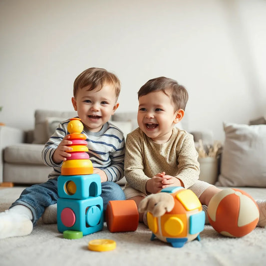 ילדים מחייכים ומשחקים עם צעצועים אינטראקטיביים וצבעוניים בסלון מואר