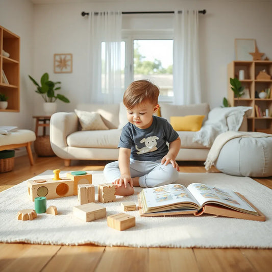 פעוט משחק בצעצועי עץ וסידור צורות על מזרן פעילות בסלון מואר ונקי