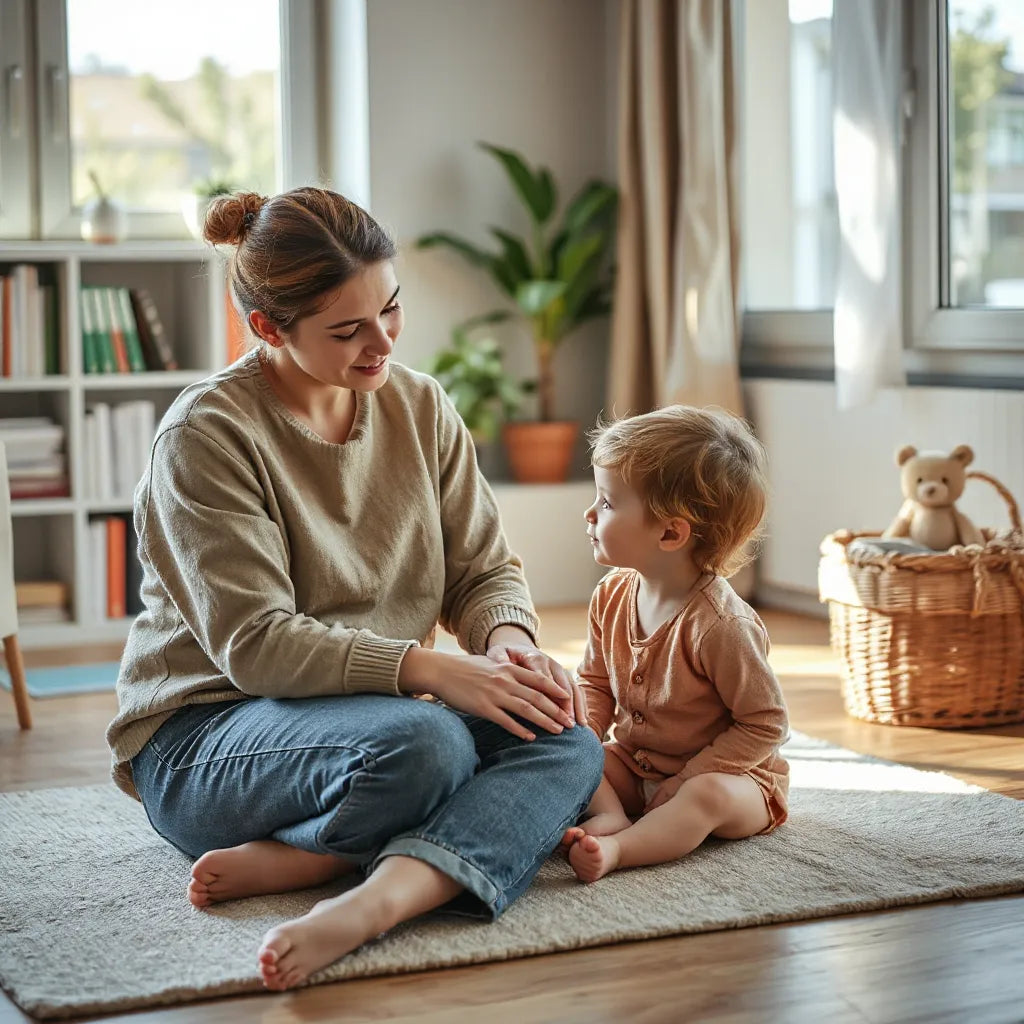 הורה וילד יושבים יחד בבית באווירה רגועה עם קשר עין עדין