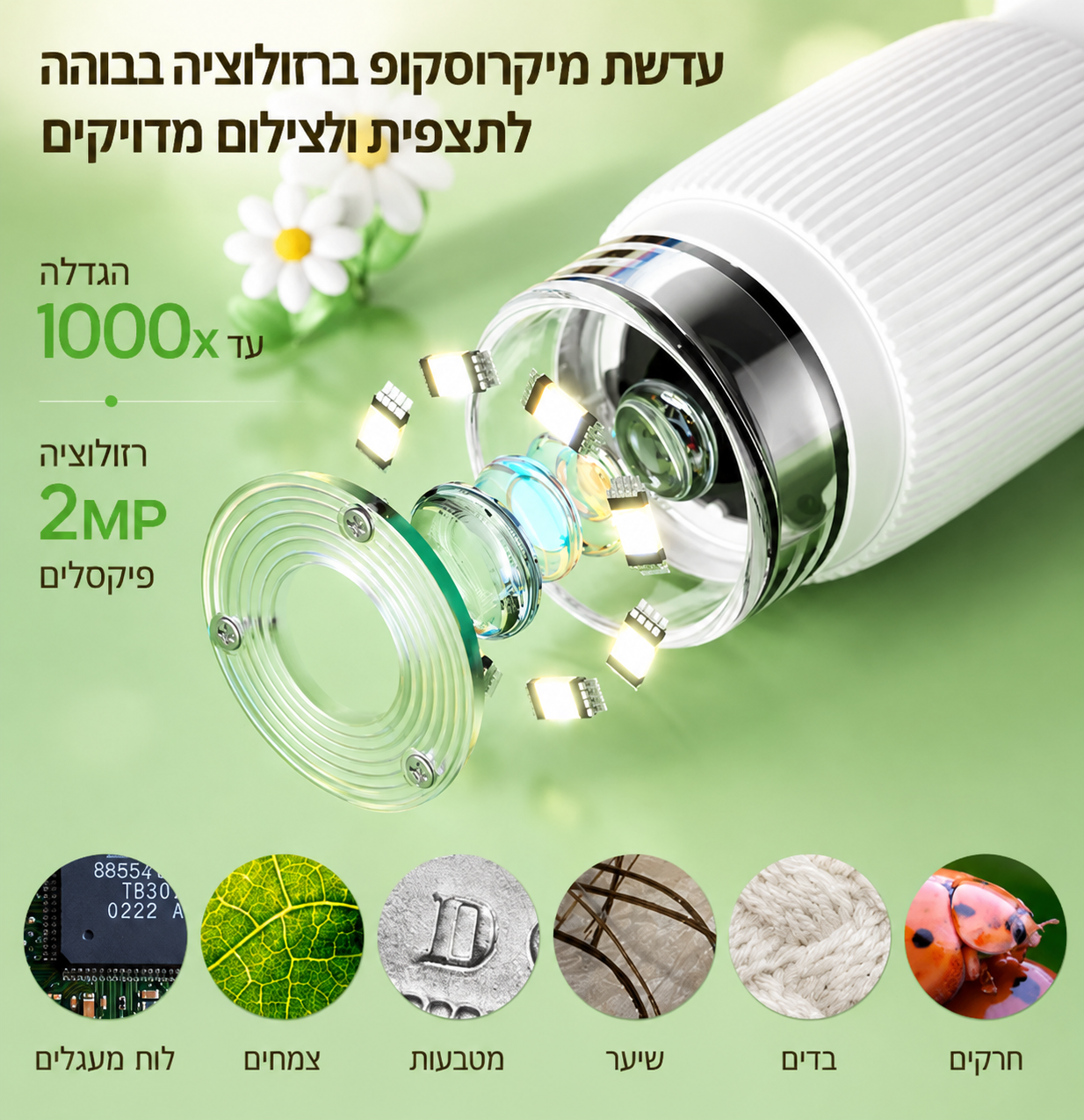 מיקרוסקופ דיגיטלי לילדים 🔬 הגדלה 1000X · מסך 2 אינץ' · 8 נורות LED