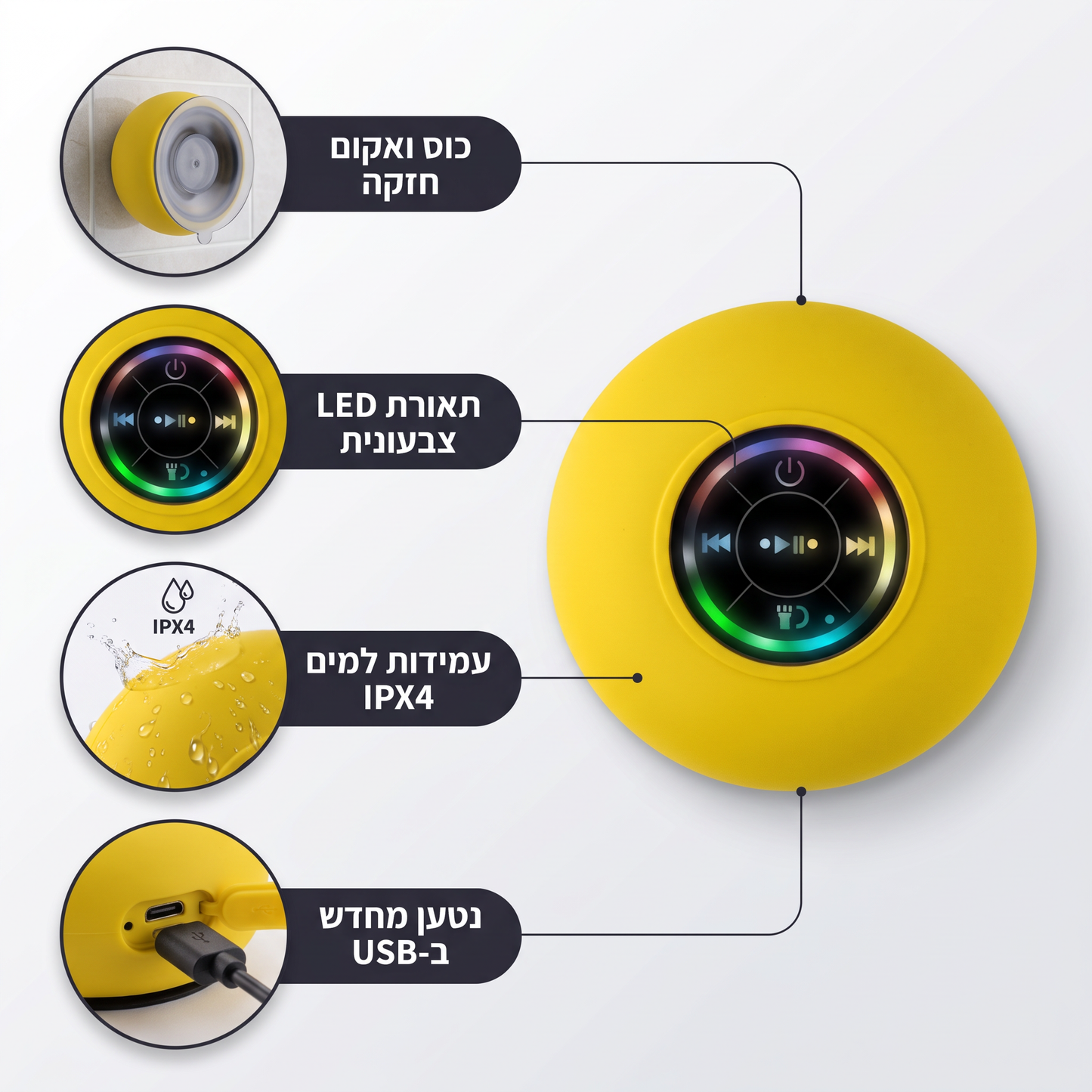 רמקול בלוטות' נייד לאמבט ולמקלחת עם תאורת LED וכוס ואקום